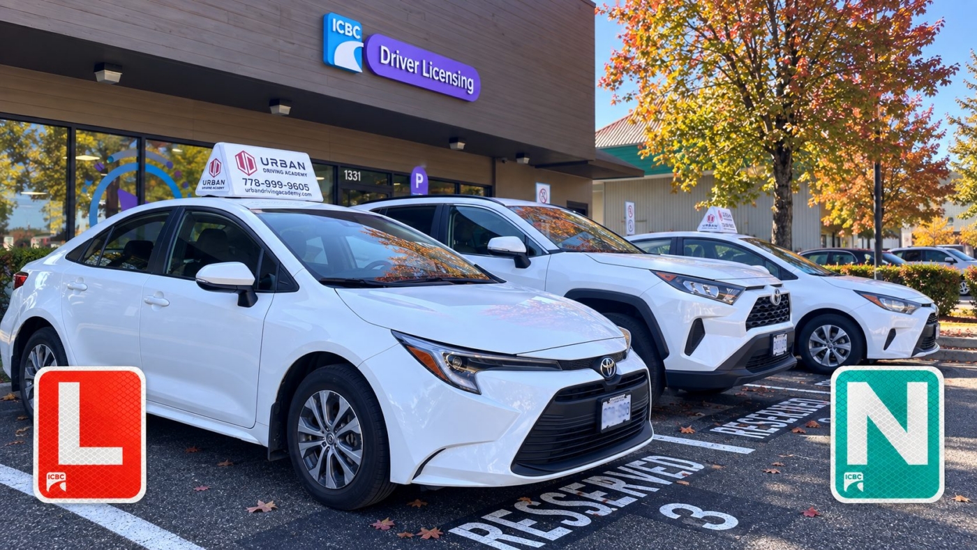 Urban Driving Academy cars at an ICBC driver licensing office with L and N signs